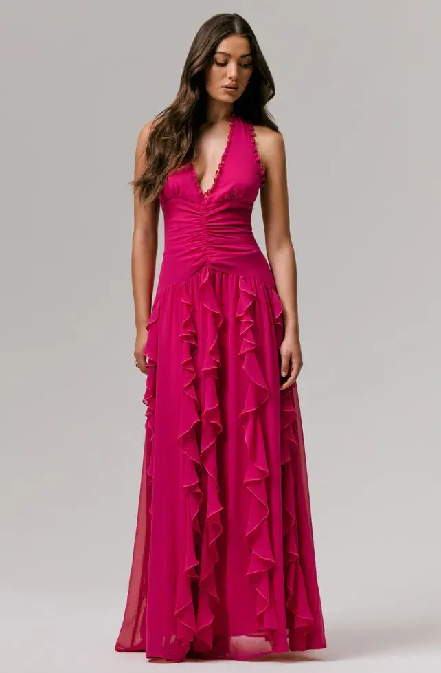 Bea Plunge Neck Ruffled Maxi Dress Hot Pink Size AU 6 - Image 6