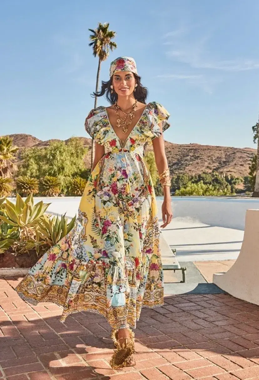 Camilla Frill Neck Dress With Hardware Flor Fantástica Size M/L Yellow  - Image 1