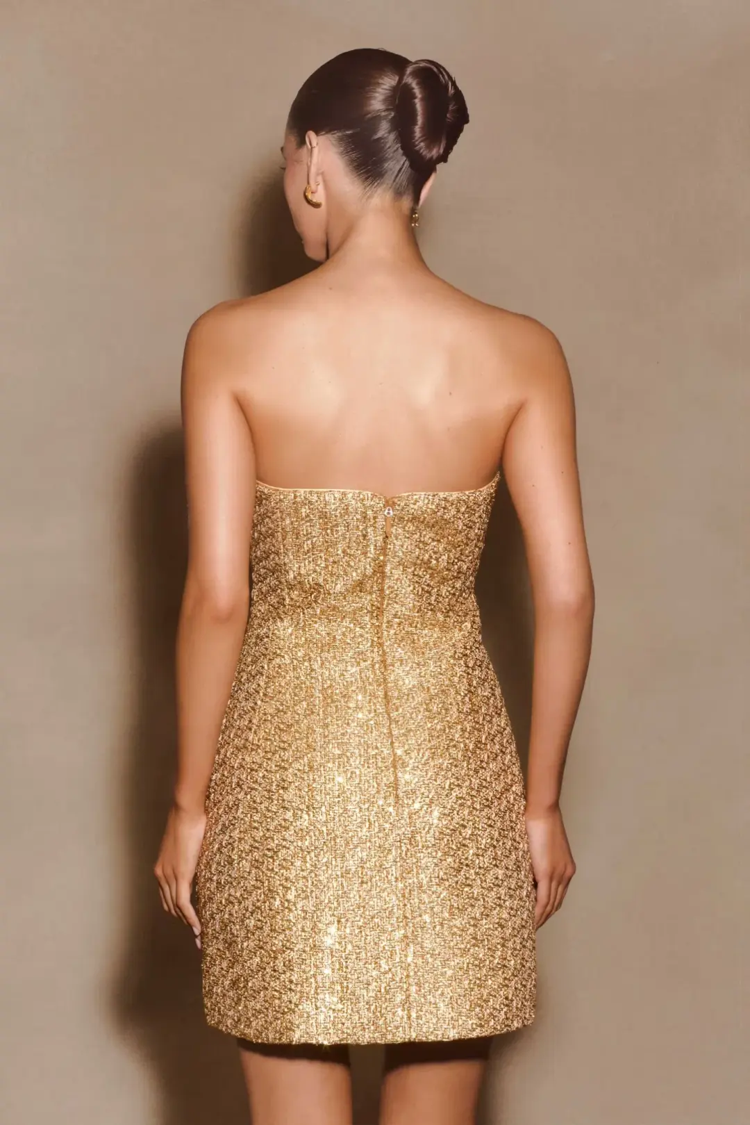 Meshki Gala Gold Tweed Mini Dress 8/S for rent on The Volte - main image