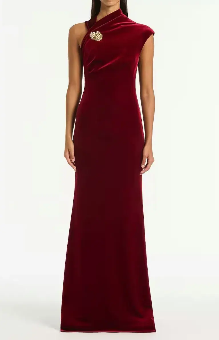 Carla Zampatti Rouge Velvet Button Gown - Image 2