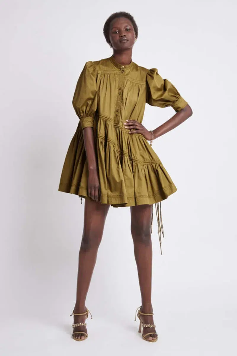 Aje Frequency Khaki Puff Sleeve Smock Dress Size 8 - Image 3