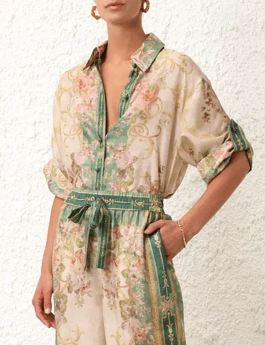 Zimmermann August Khaki Floral Set - Short Sleeve Shirt Size 0 & Pant Size 1 - Image 3
