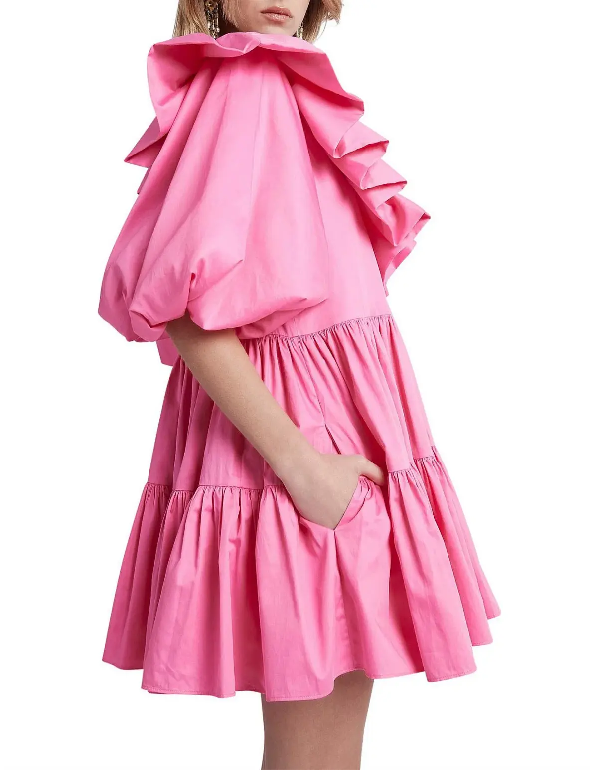 AJE SOLSTICE pink RUFFLE puff sleeve TIERED SMOCK DRESS SIZE 14  - Image 3