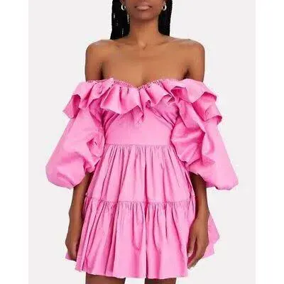 AJE SOLSTICE pink RUFFLE puff sleeve TIERED SMOCK DRESS SIZE 14  - Image 2