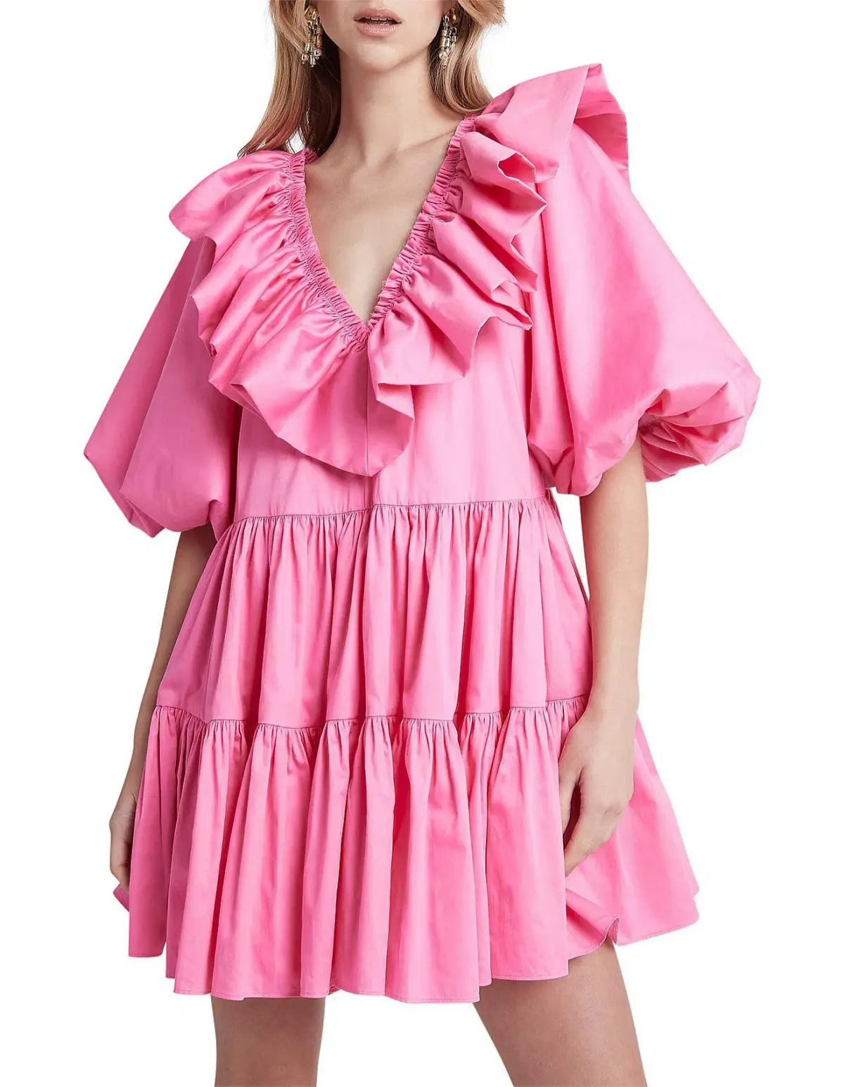 AJE SOLSTICE pink RUFFLE puff sleeve TIERED SMOCK DRESS SIZE 14  - Image 1
