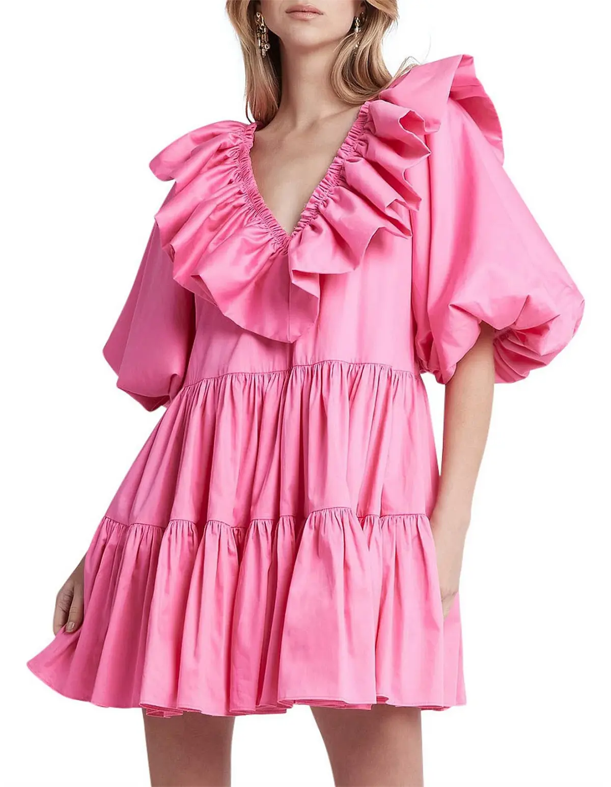 AJE SOLSTICE pink RUFFLE puff sleeve TIERED SMOCK DRESS SIZE 14  - Image 4