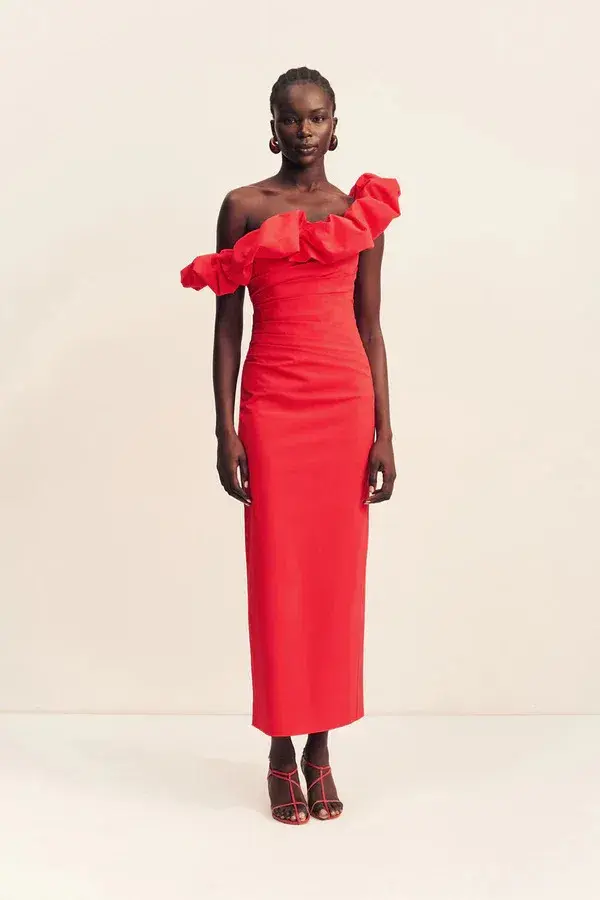 Shona Joy Campbell Ruffle Draped Maxi Dress Goji Size 6 - Image 1