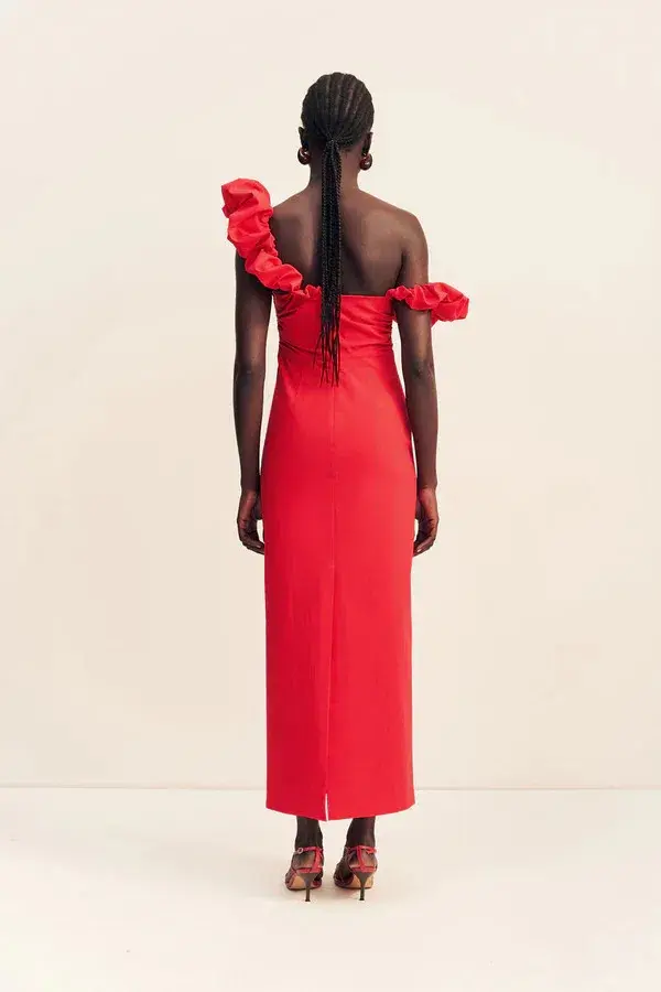Shona Joy Campbell Ruffle Draped Maxi Dress Goji Size 6 - Image 3