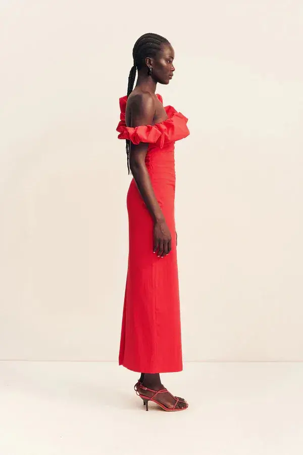 Shona Joy Campbell Ruffle Draped Maxi Dress Goji Size 6 - Image 2