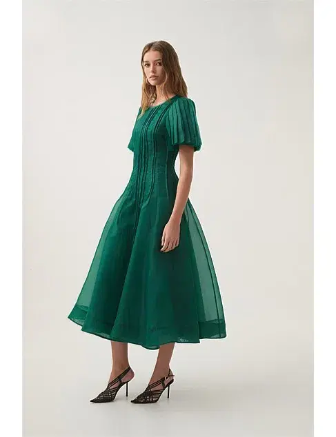 Aje Nova Pleated Midi Dress Emerald Green Size 12 - Image 3