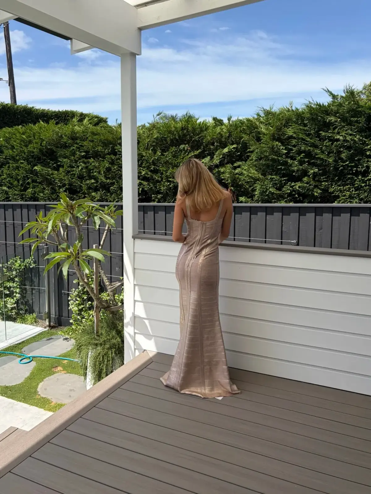 One of a kind Gold Hervé Léger Square Neckline Long Dress. - Image 4