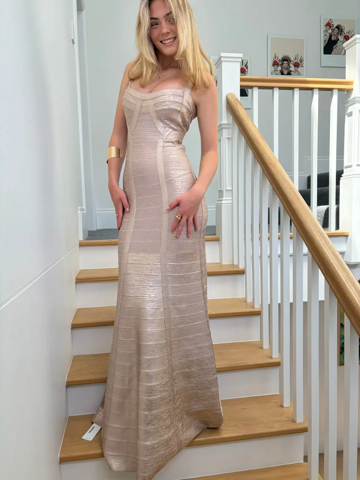 One of a kind Gold Hervé Léger Square Neckline Long Dress. - Image 2