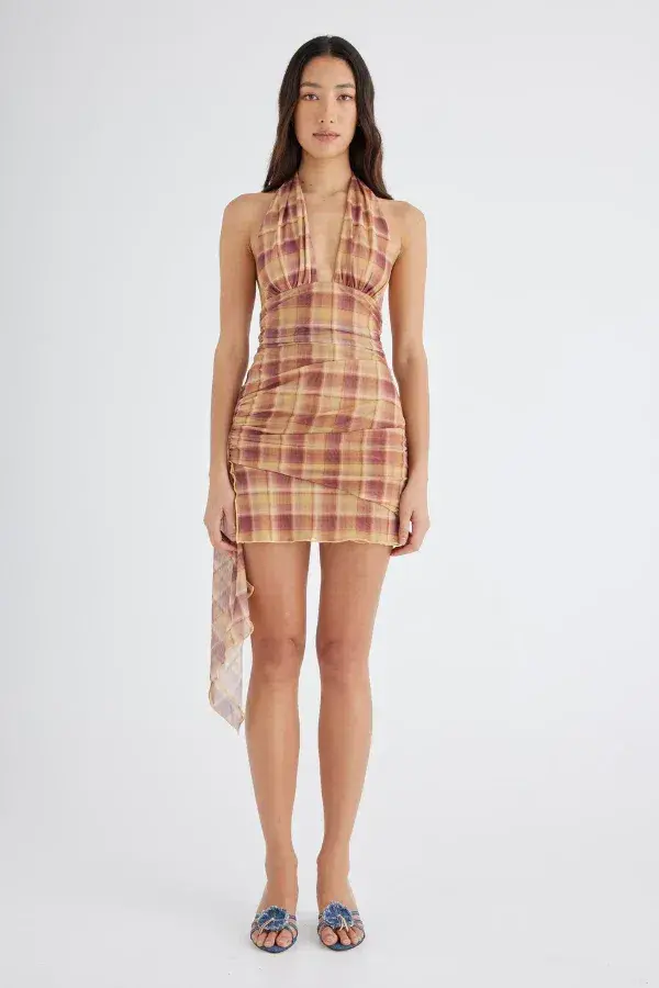 BENNI - Penelope Halter Mini Dress - Toffee Check - Image 3