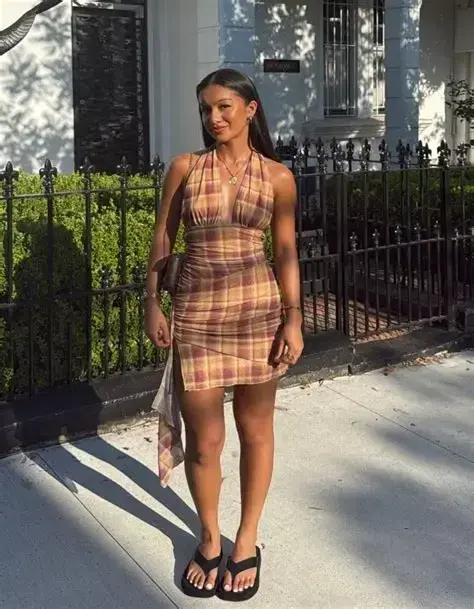 BENNI - Penelope Halter Mini Dress - Toffee Check - Image 1