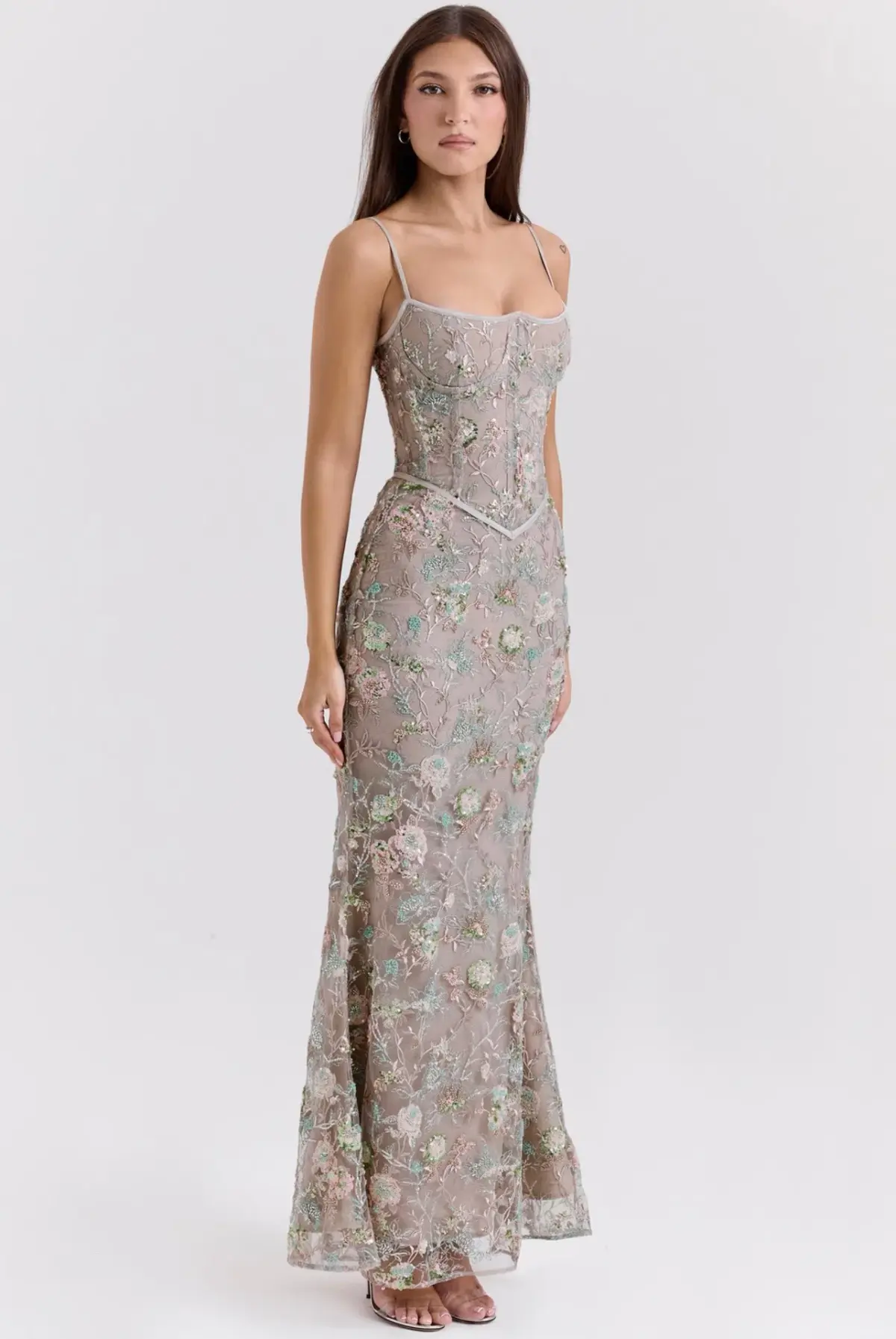 House of CB Naima Embellished Beaded Corset Maxi Dress Silver size 6 - Image 4