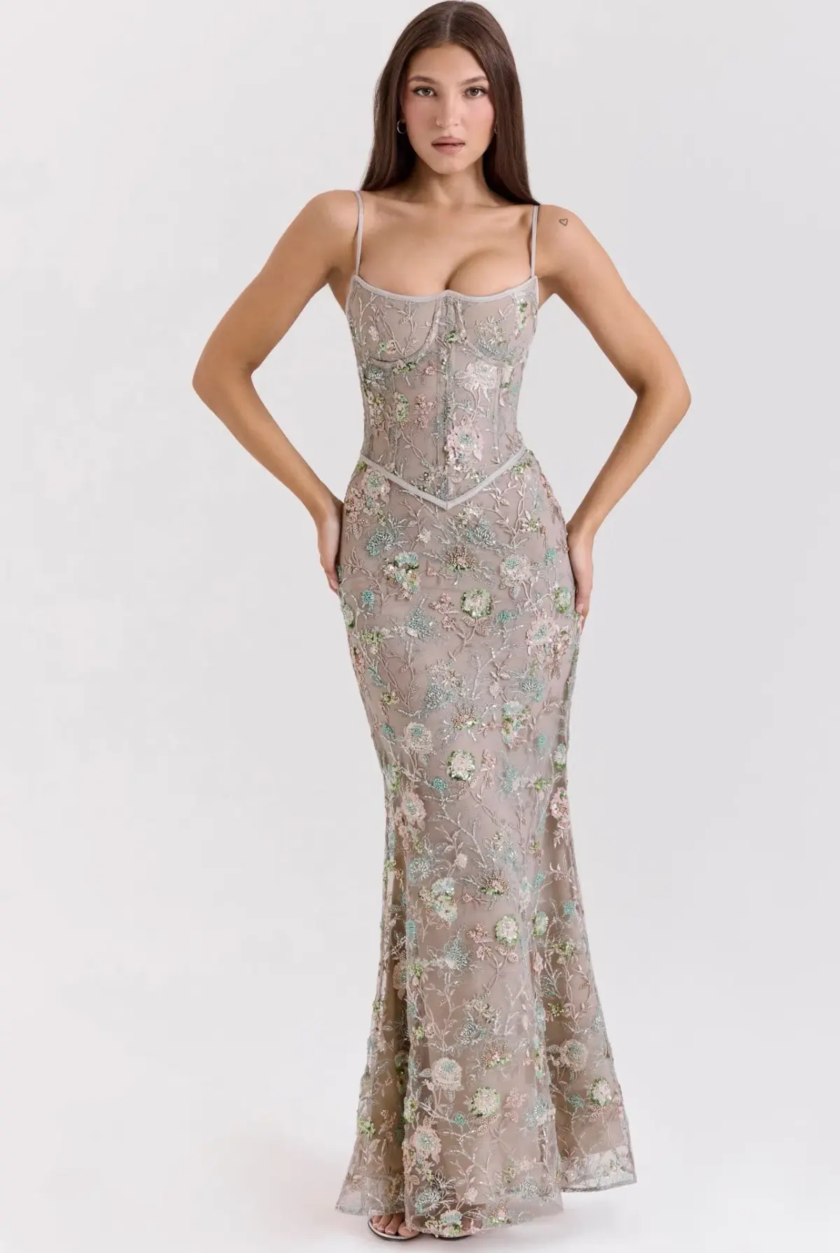House of CB Naima Embellished Beaded Corset Maxi Dress Silver size 6 - Image 1