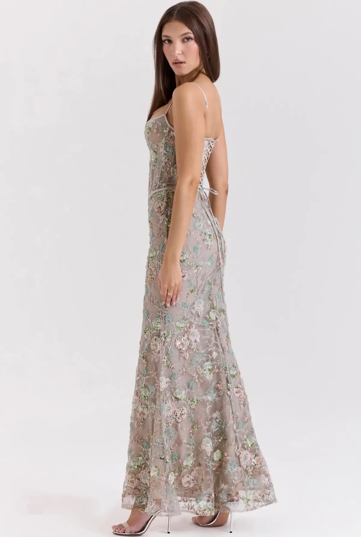 House of CB Naima Embellished Beaded Corset Maxi Dress Silver size 8 - Image 5