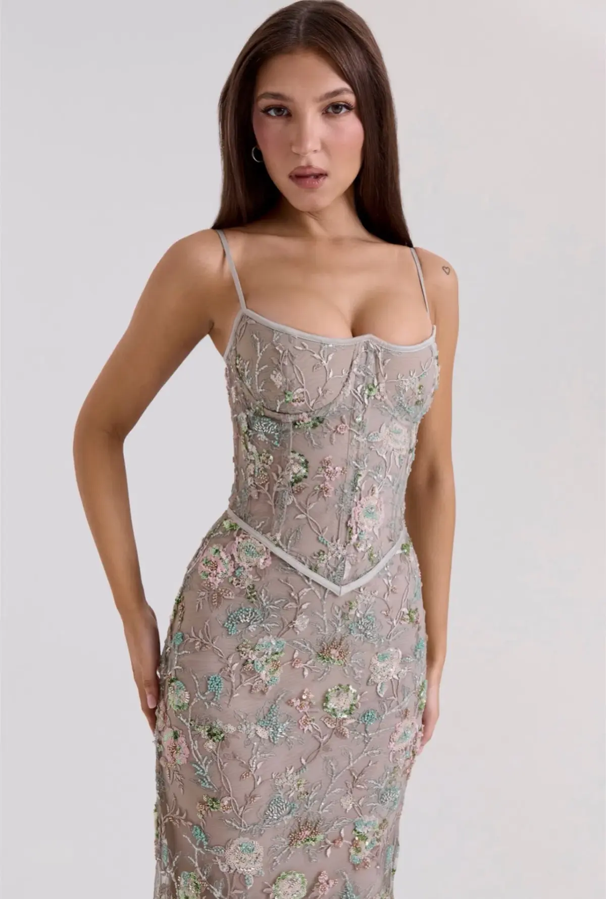 House of CB Naima Embellished Beaded Corset Maxi Dress Silver size 8 - Image 3