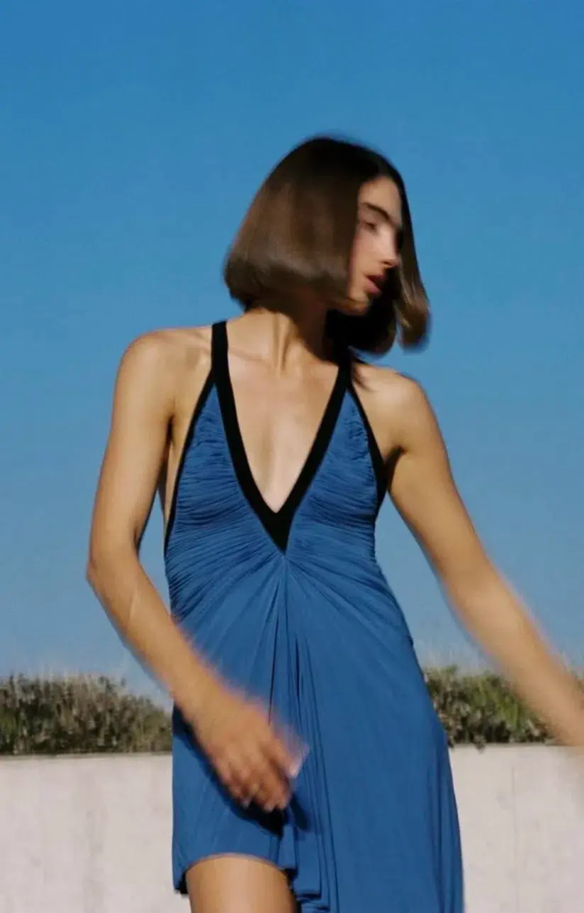 Christopher Esber V-neck Suspended Jersey Fluted Mini Dress Blue Iris Size 6 - Image 5