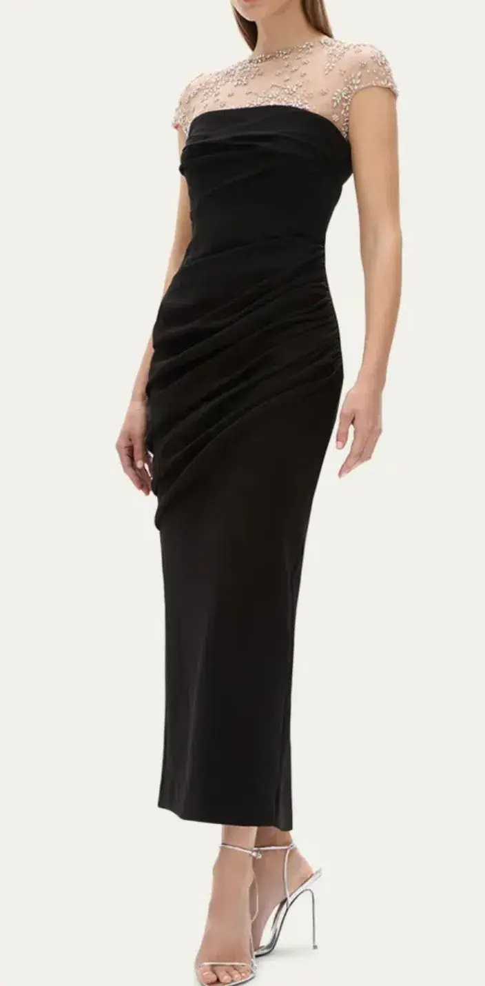 Rachel Gilbert Dottie Floral Crystal Sheer Draped Midi Dress Black Size 6 - Image 1