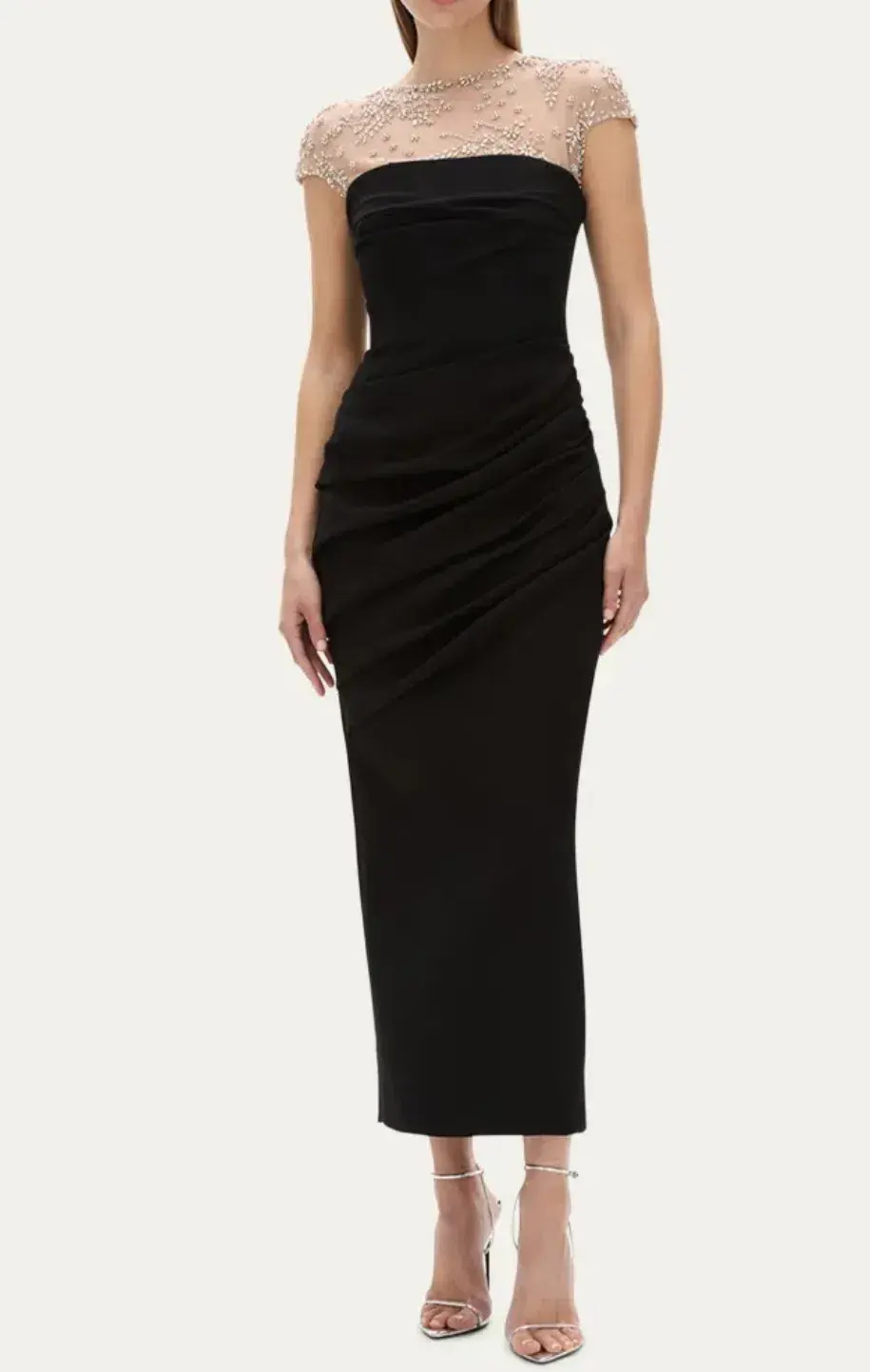 Rachel Gilbert Dottie Floral Crystal Sheer Draped Midi Dress Black Size 6 for rent on The Volte - main image