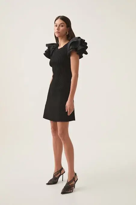 Aje Black Questa Puff Ruffle Sleeve Mini Dress | Size M for rent on The Volte - main image