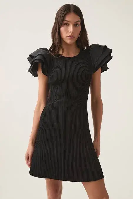 Aje Black Questa Puff Ruffle Sleeve Mini Dress | Size M for rent on The Volte - main image
