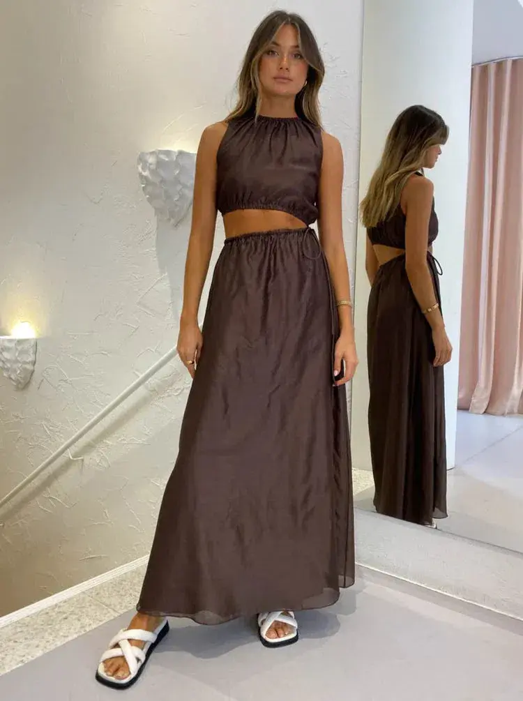 ANJE ASYMMETRICAL CUT OUT DRESS IN CHOCOLATE SIZE 1 / AU 8 for rent on The Volte - main image