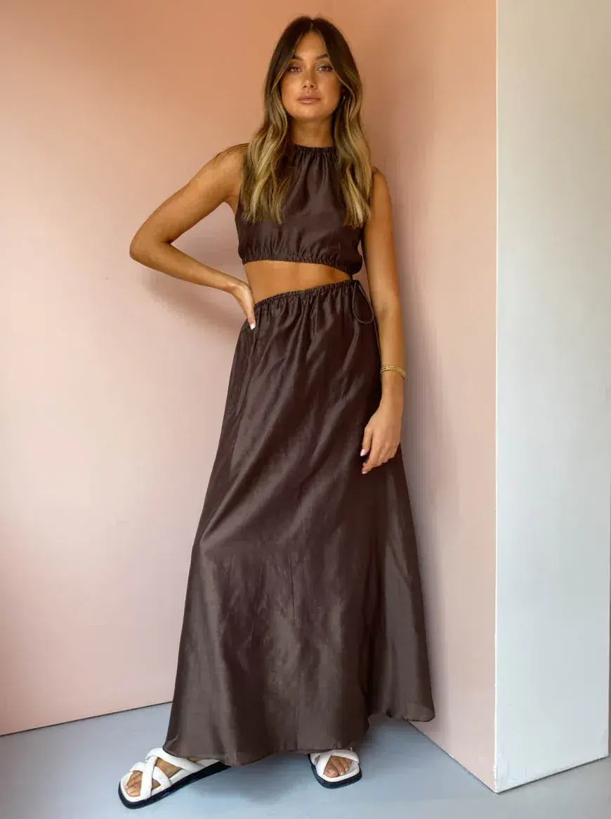 ANJE ASYMMETRICAL CUT OUT DRESS IN CHOCOLATE SIZE 1 / AU 8 for rent on The Volte - main image