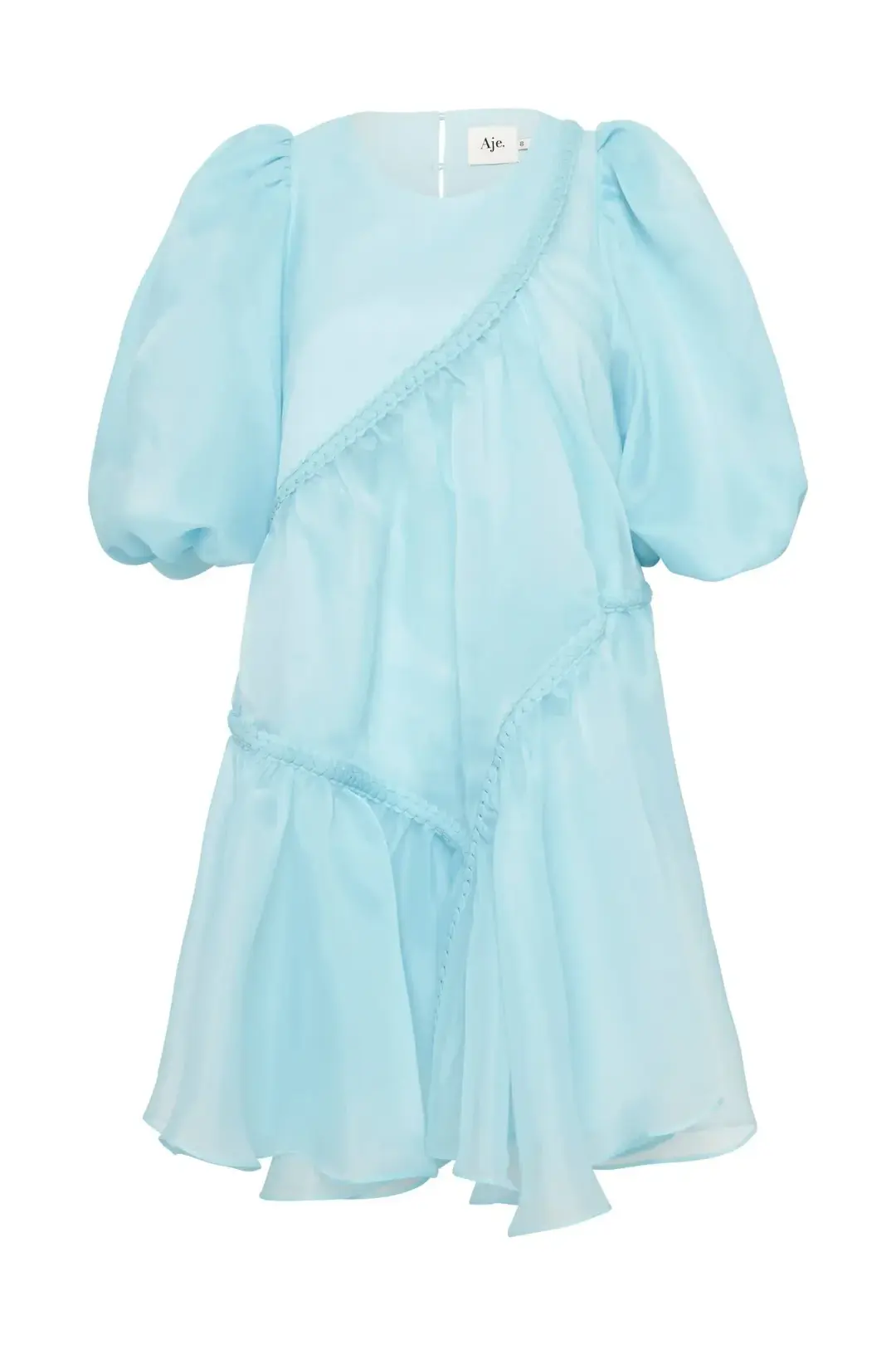  Aje Riviera Asymmetric Braided Puff Sleeve Smock Dress Blue Size 12 for rent on The Volte - main image