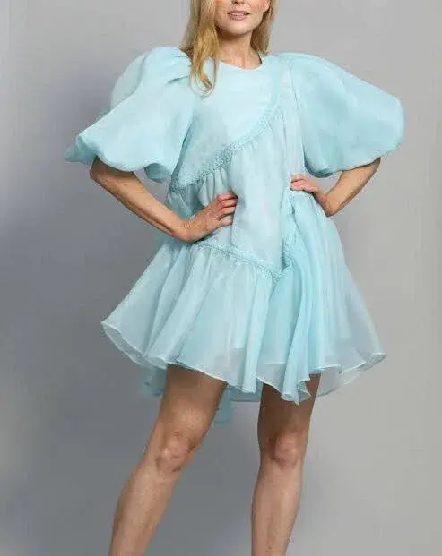  Aje Riviera Asymmetric Braided Puff Sleeve Smock Dress Blue Size 12 for rent on The Volte - main image