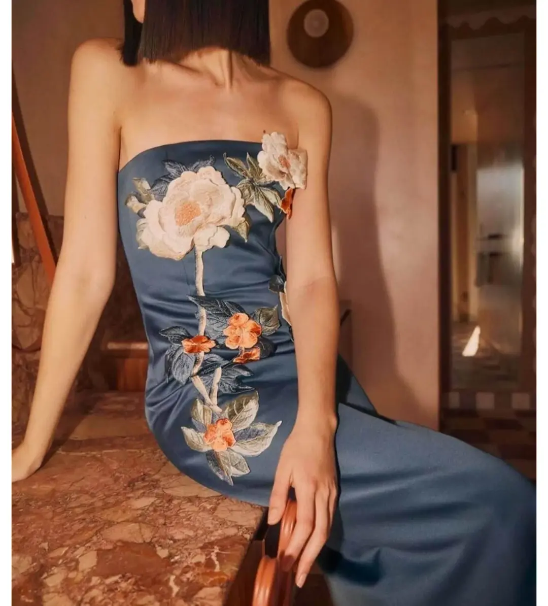 Leo Lin Rayna Appliqué Floral Bustier Maxi Dress Pear Blossom Size AU 12 for rent on The Volte - main image