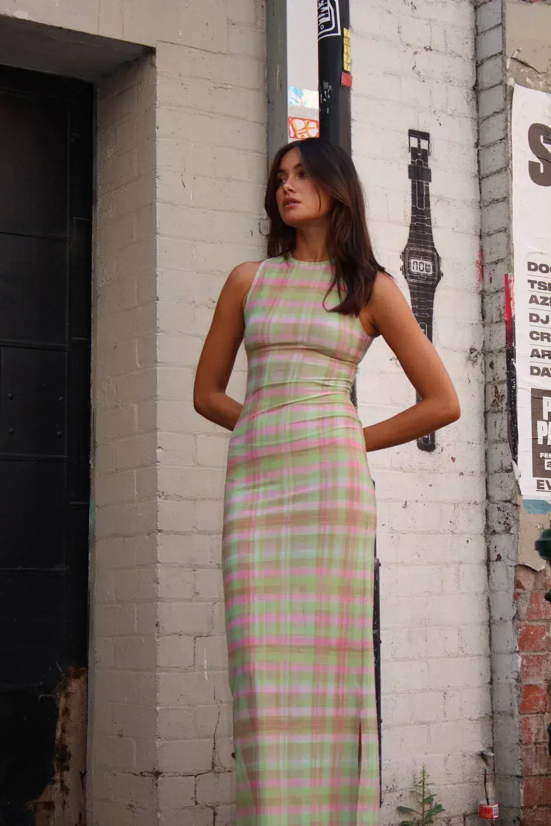 With Harper Lu Plaid Mesh Maxi Dress in green and pink - Image 1