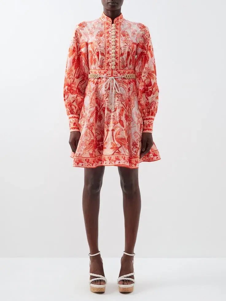 Zimmermann Lyre Billow Sleeve Mini Dress Red Palm Size 2 - Image 2