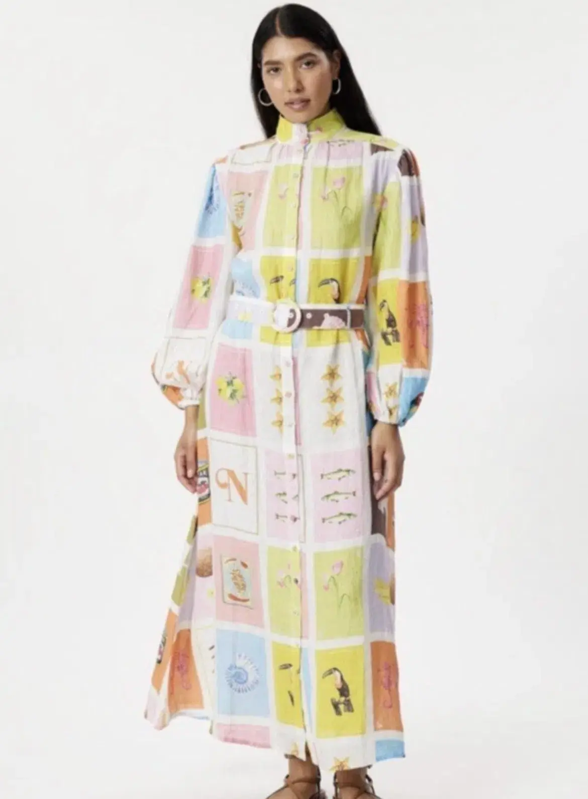 Palm Noosa Noddy Cartagena Dress Size 6  Linen Belted Long Sleeves Button Thru - Image 1