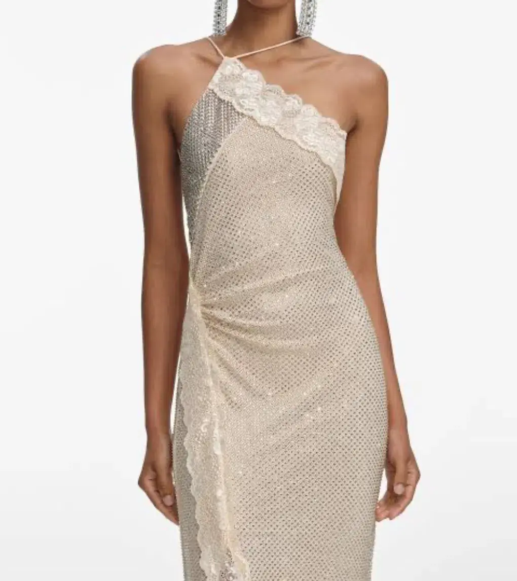 Self-Portrait CHAMPAGNE RHINESTONE LACE TRIM MAXI DRESS in AU6 - Image 3