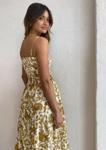 Shona Joy Saffron Shirred Tiered Midi Dress in Curry/Ivory Size 12 - Image 2