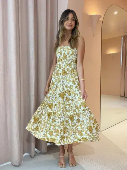 Shona Joy Saffron Shirred Tiered Midi Dress in Curry/Ivory Size 12 - Image 1