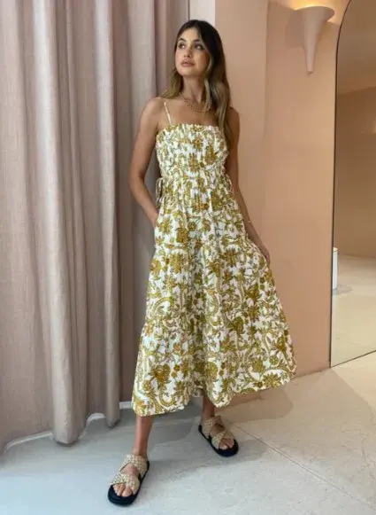 Shona Joy Saffron Shirred Tiered Midi Dress in Curry/Ivory Size 12 - Image 3