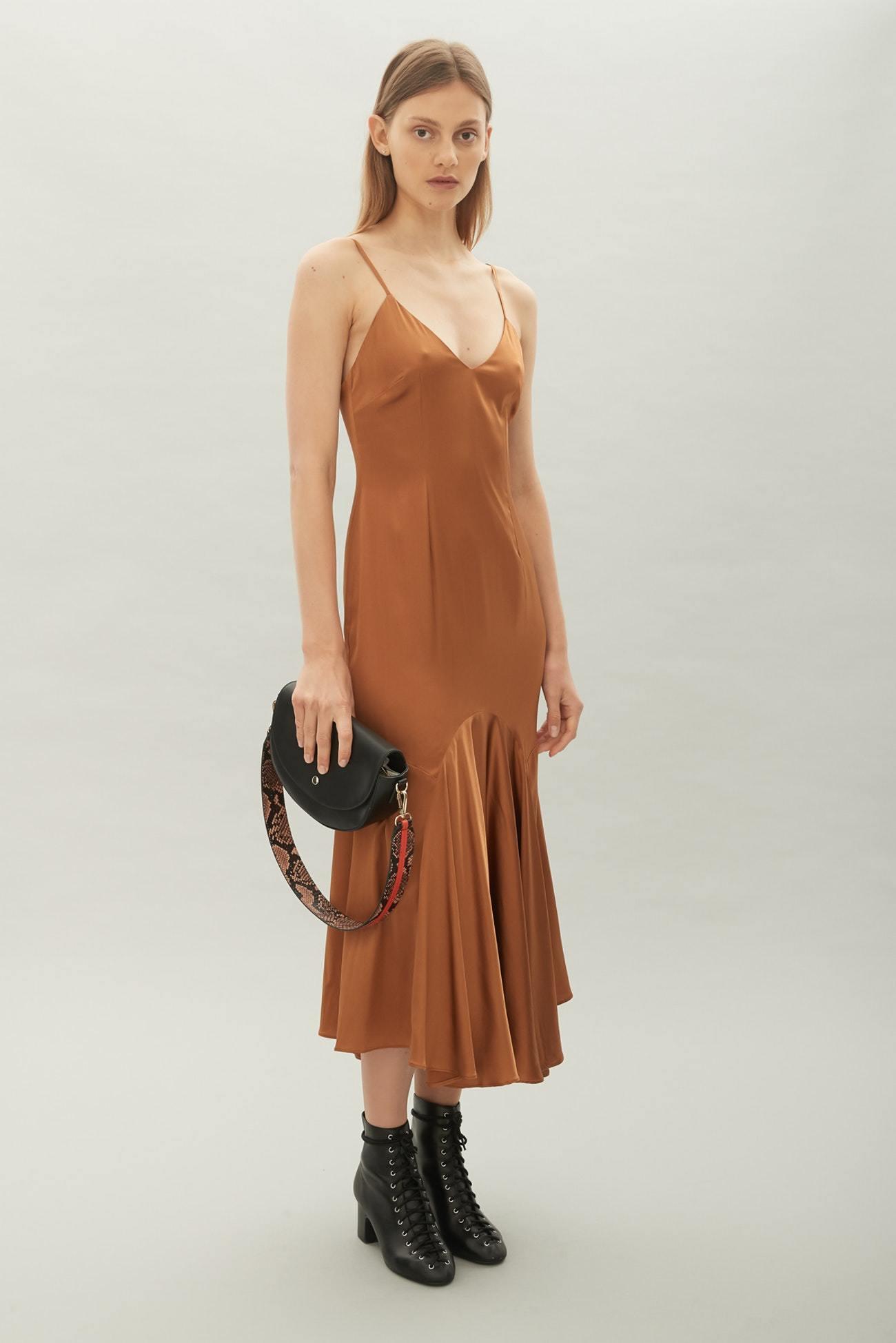 Hansen and Gretel sleek silk tan midi dress size 10 - Image 1