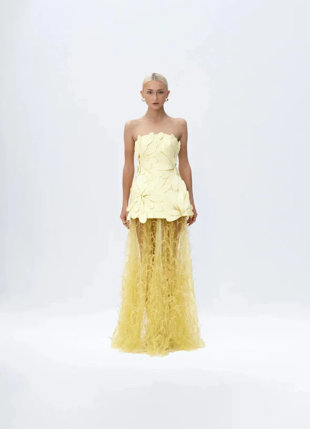 Justin Tong Marisol Applique Gown Yellow Feather Sheer Dress Size 10 - Image 2