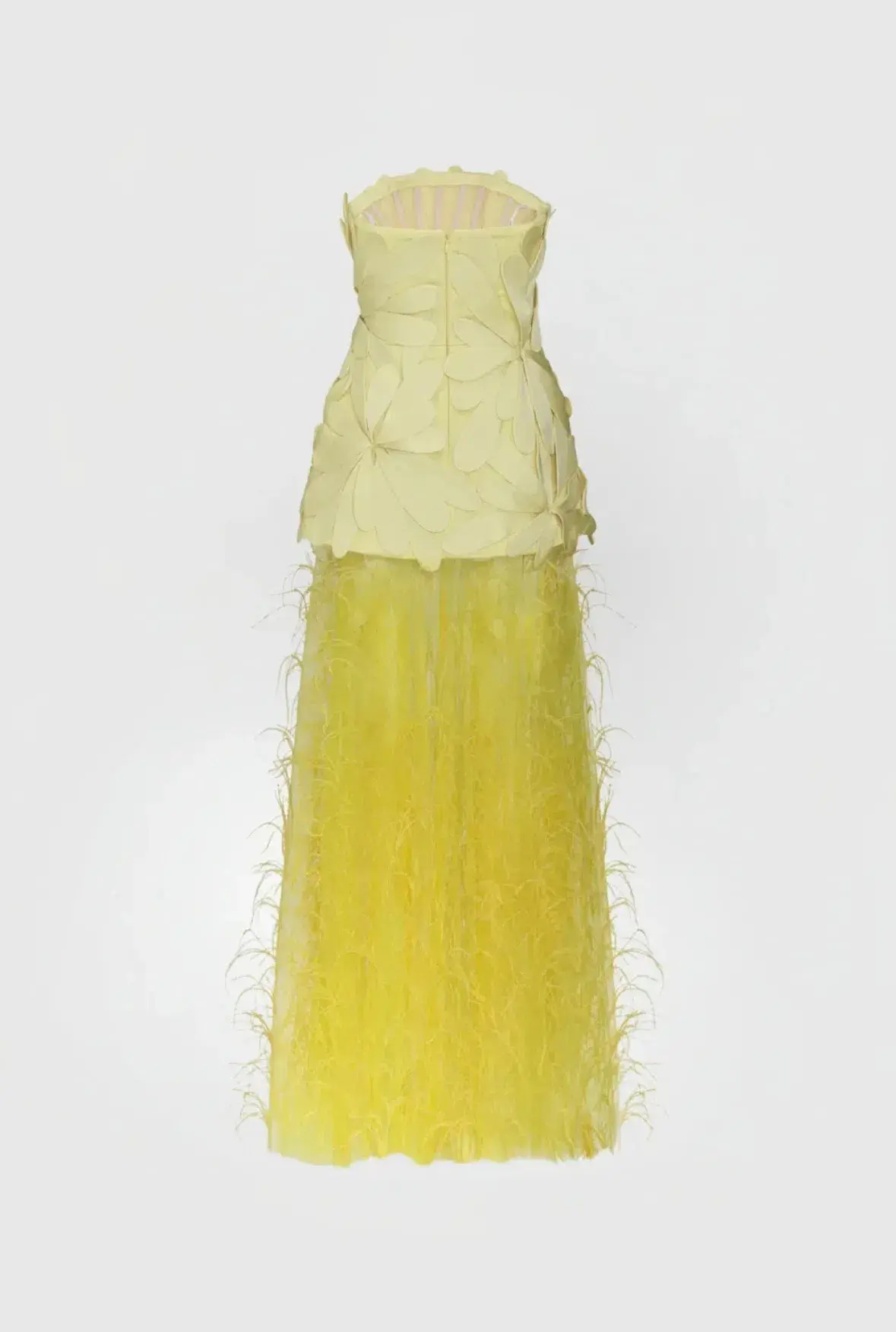 Justin Tong Marisol Applique Gown Yellow Feather Sheer Dress Size 10 - Image 8