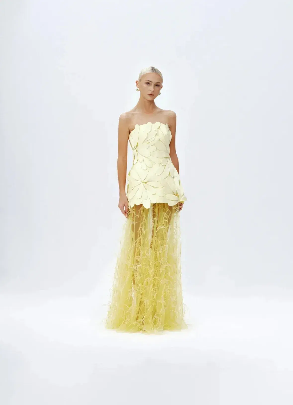 Justin Tong Marisol Applique Gown Yellow Feather Sheer Dress Size 10 - Image 1