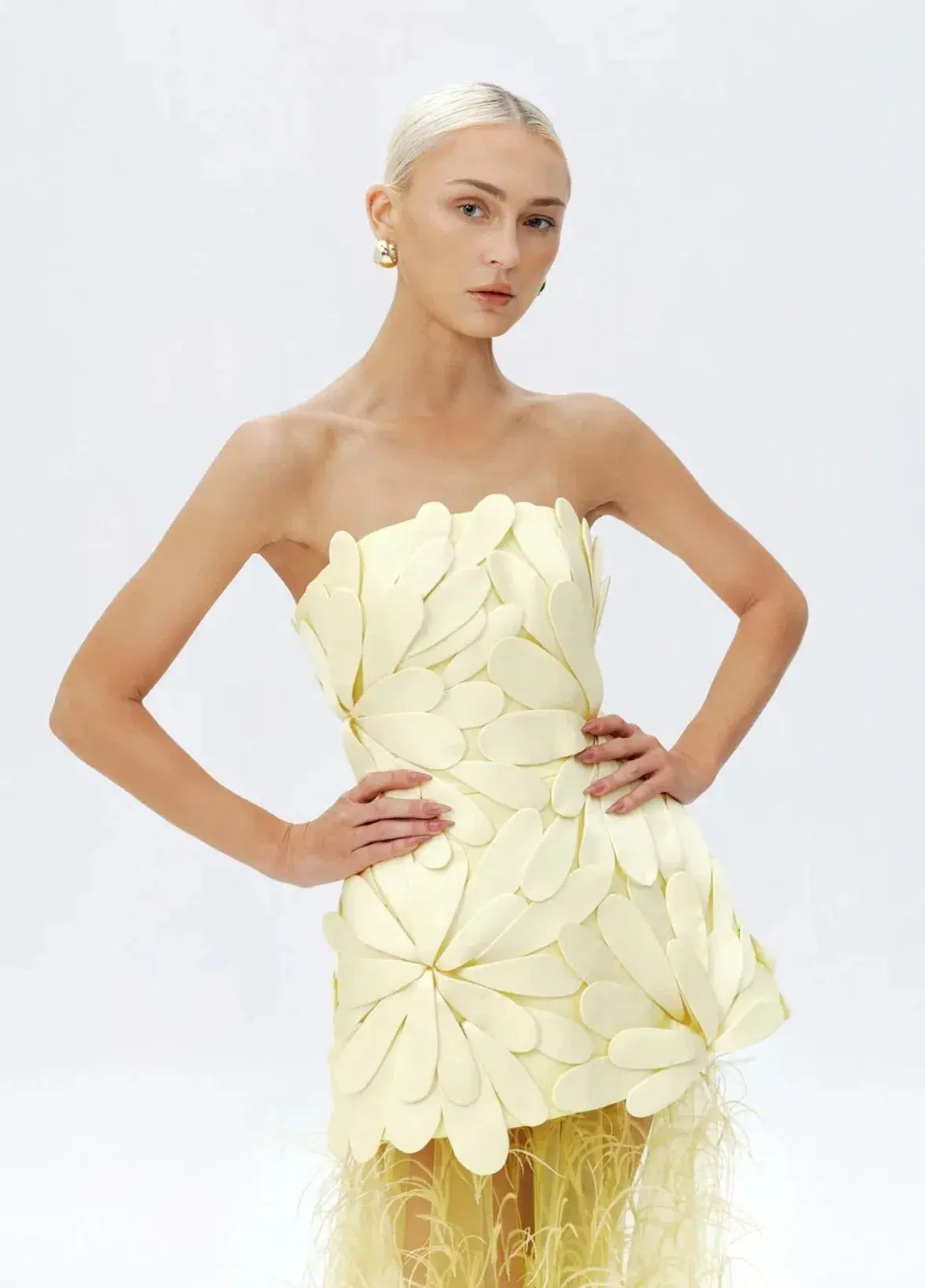 Justin Tong Marisol Applique Gown Yellow Feather Sheer Dress Size 10 - Image 3