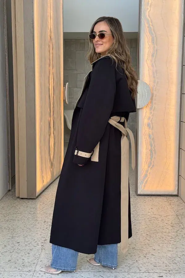 Contrast Trench Coat Black/Beige | Sneaky Link size xs - Image 4