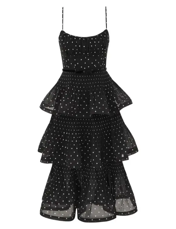 Zimmermann Pleated Tiered Midi Dress Black Cream Polka Dot Size 0 - Image 1