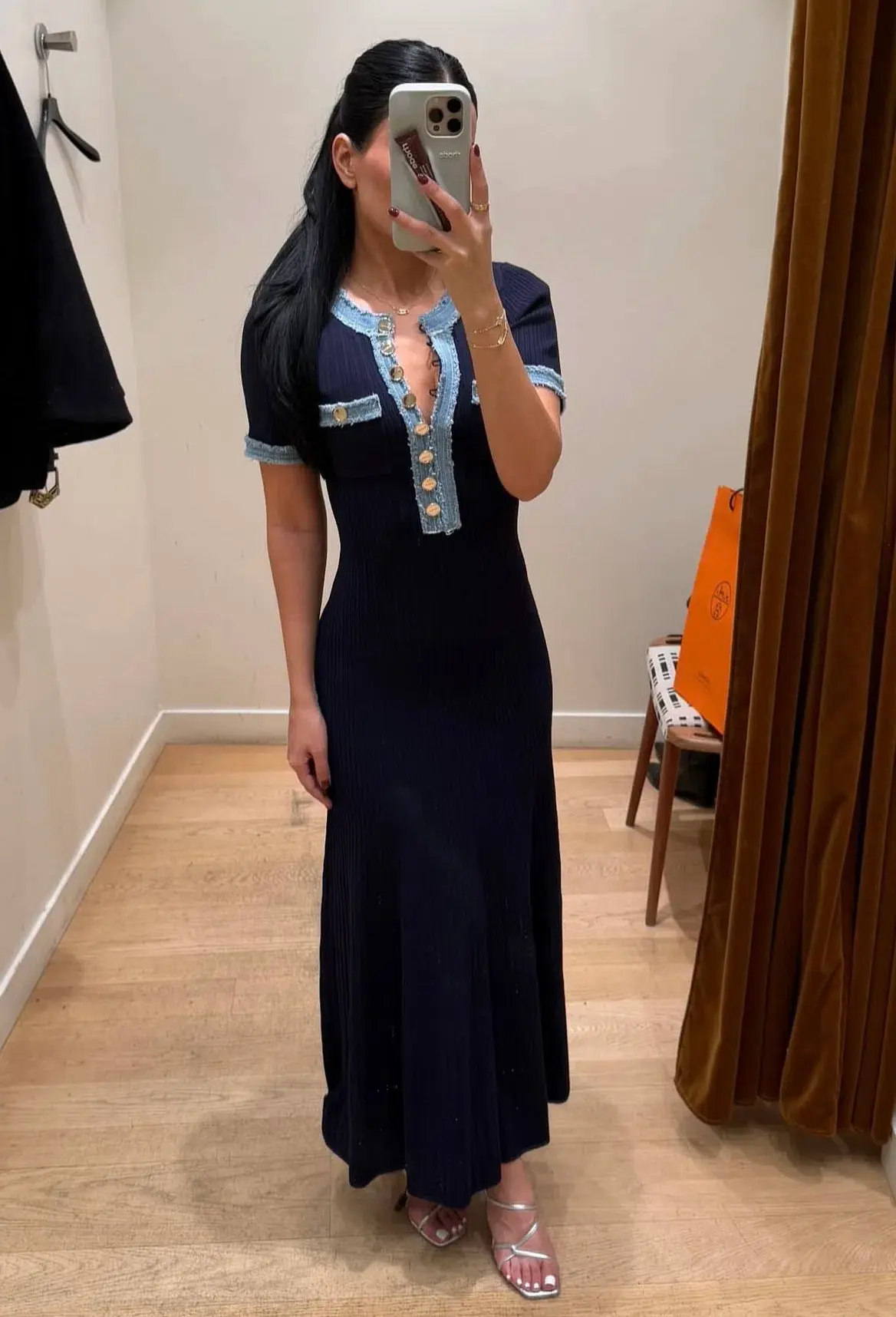 Sandro - Knit and Denim Midi Dress - Navy  - Image 1