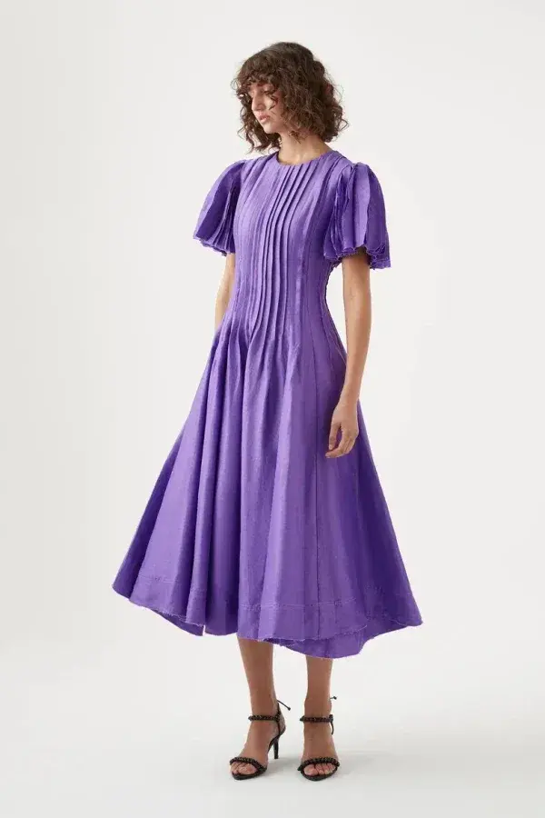 Aje Nova Pleated Midi Dress in Deep Violet Size AU 14  for rent on The Volte - main image