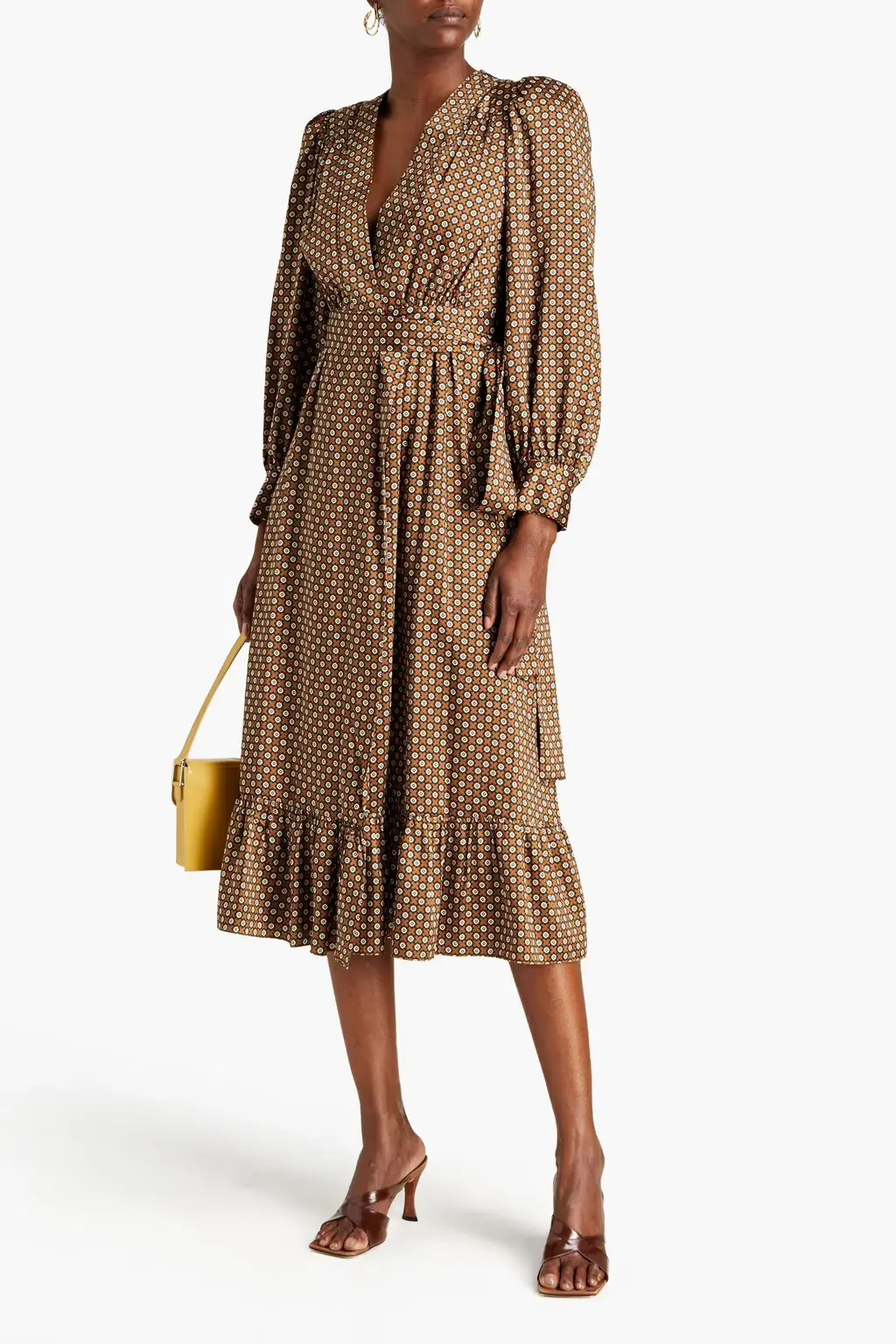 Sandro Janine Midi Wrap Dress Brown Twill Print Size AU 12 / L - Image 1
