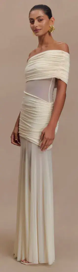 Dallas One Shoulder Mesh Maxi Dress - Ivory - Image 3